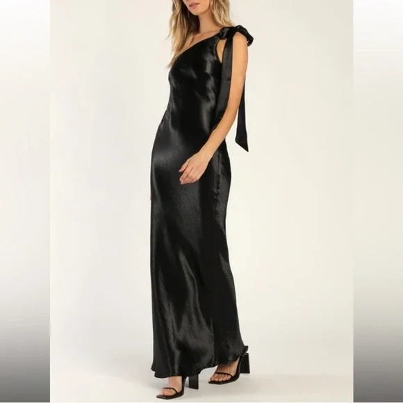 Lulus black satin one shoulder formal maxi dress XS - Picture 1 of 4